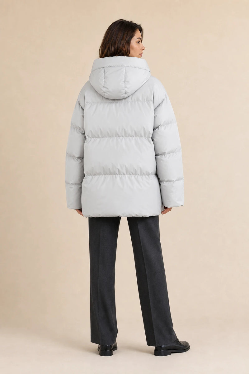 Tara | Oversized Puffer Jacket in Light Grey, studio back view