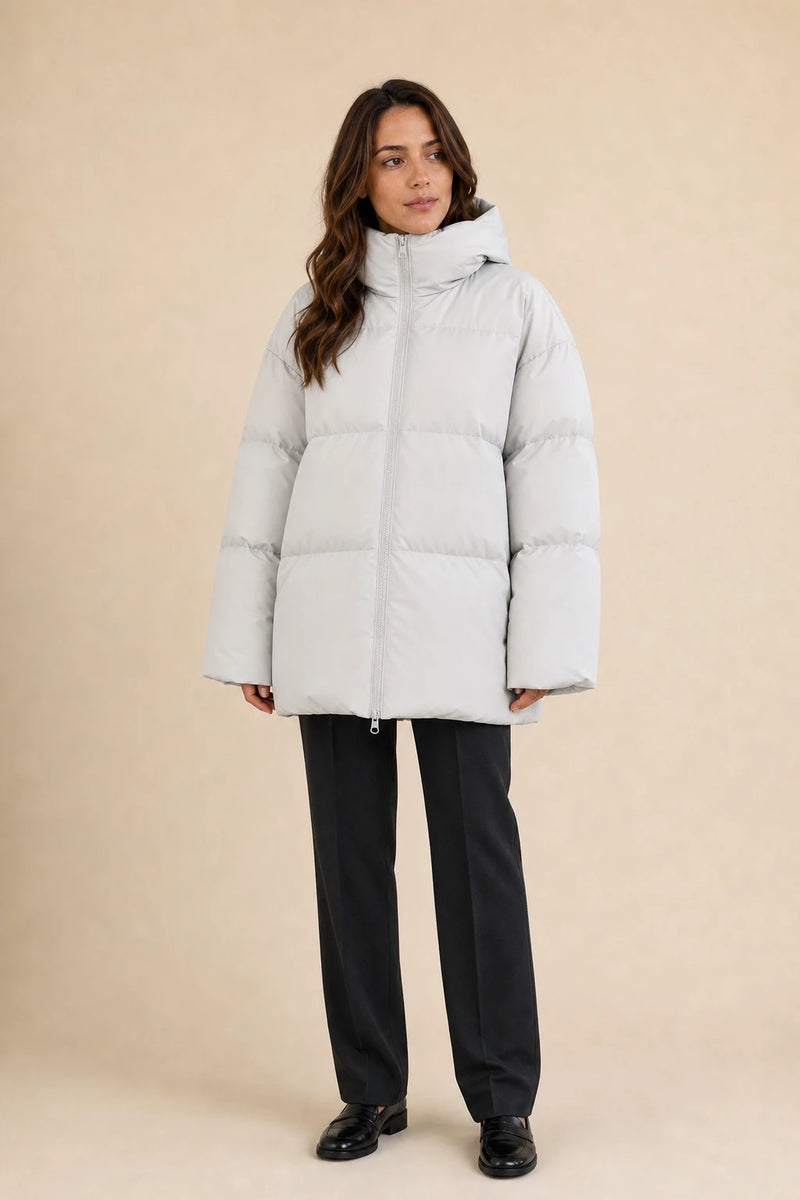 Tara | Oversized Puffer Jacket in Light Grey, studio front view