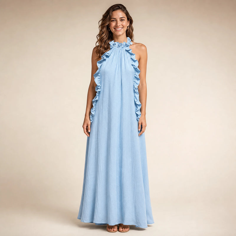 SOFAINE-V5-2026-07-07 Sofaine Iris ruffle-halter linen maxi dress in Light Blue, worn front hero