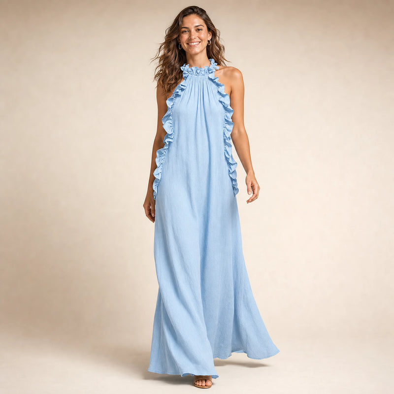 SOFAINE-V5-2026-07-07 Sofaine Iris ruffle-halter linen maxi dress in Light Blue, styled full look