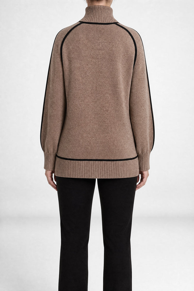 Sofaine Liliana ribbed turtleneck sweater in Brown, back view studio shot