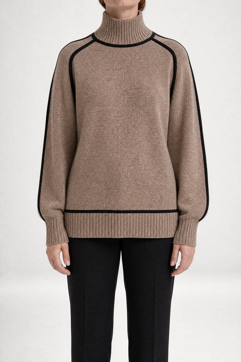 Sofaine Liliana ribbed turtleneck sweater in Brown, front view studio shot