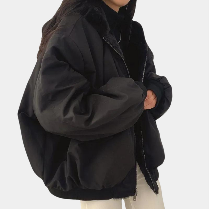 Hooded Bomber Jacket for Women with Faux Fur Lining and Zip Front in Black, side view