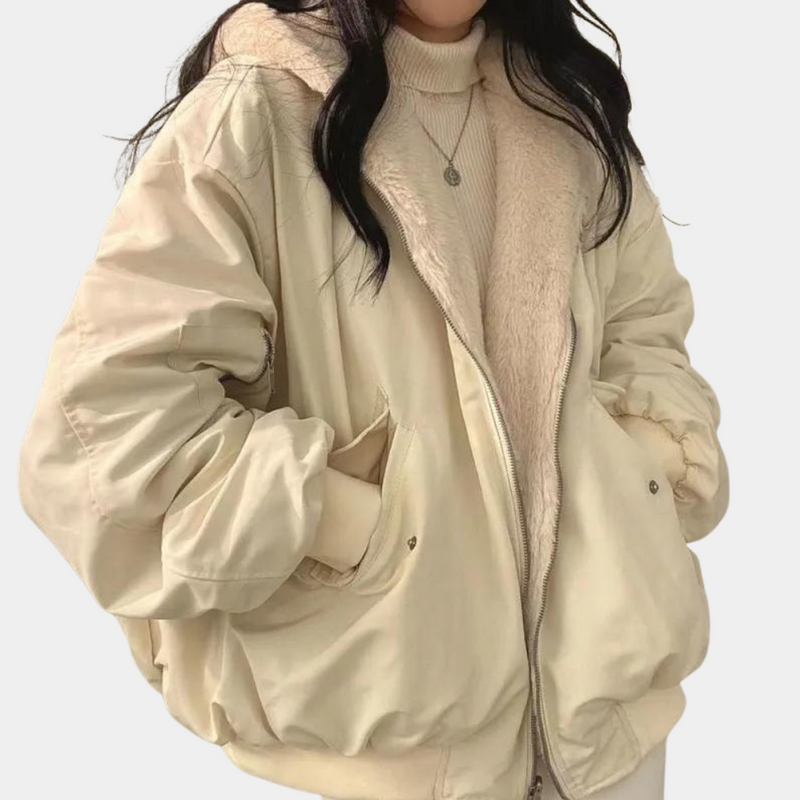 Hooded Bomber Jacket for Women with Faux Fur Lining and Zip Front in Cream, front view