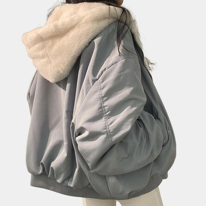 Hooded Bomber Jacket for Women with Faux Fur Lining and Zip Front in Gray, back view