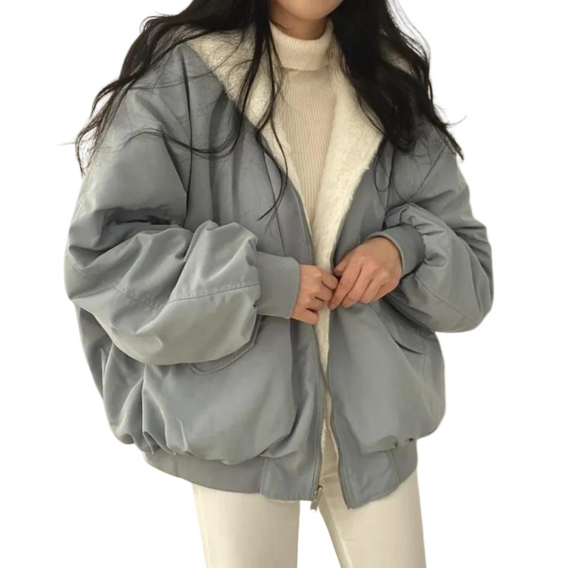 Hooded Bomber Jacket for Women with Faux Fur Lining and Zip Front in Gray, front view
