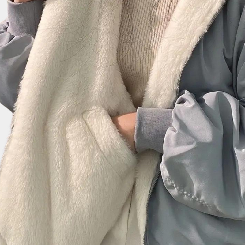 Hooded Bomber Jacket for Women with Faux Fur Lining and Zip Front in Gray, lining close-up