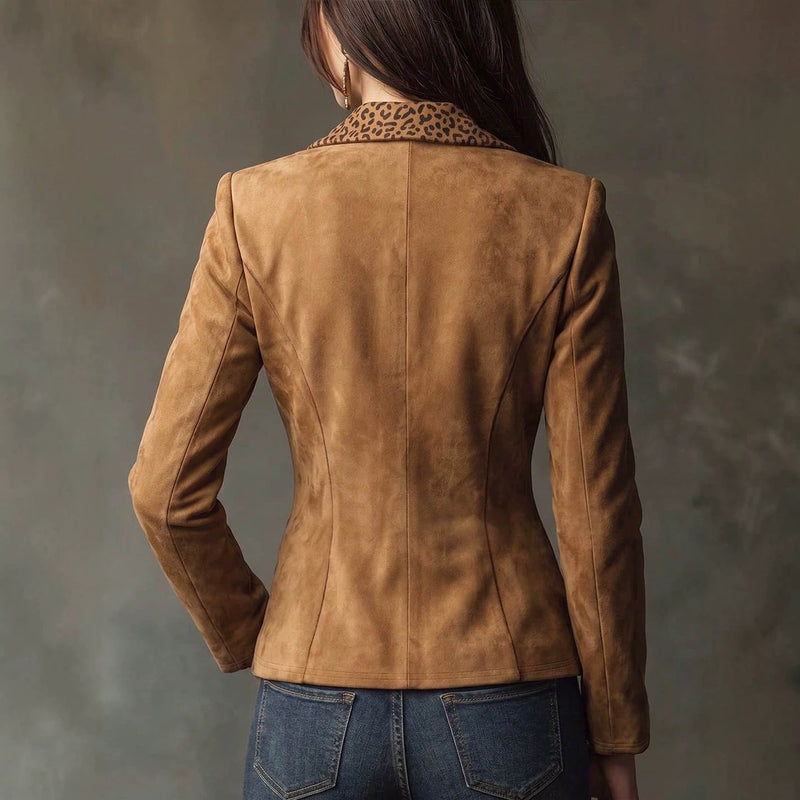 Faux Suede Blazer for Women with Leopard Print Collar and Crest Buttons in Camel, back view