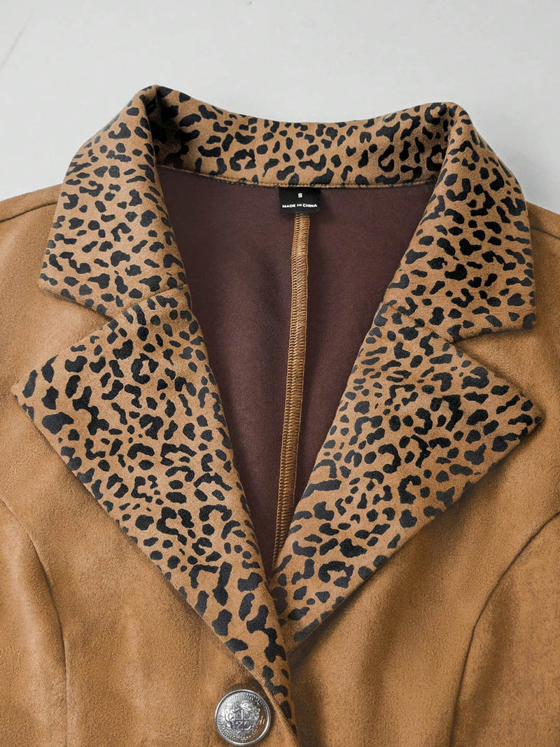 Faux Suede Blazer for Women with Leopard Print Collar and Crest Buttons in Camel, collar detail