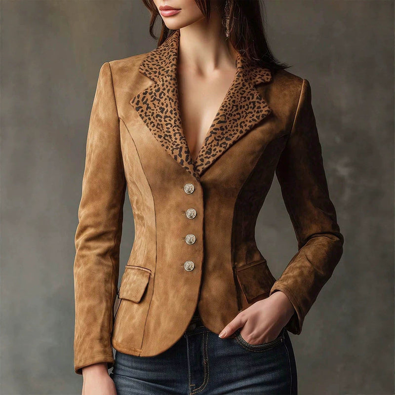 Faux Suede Blazer for Women with Leopard Print Collar and Crest Buttons in Camel, styled front view