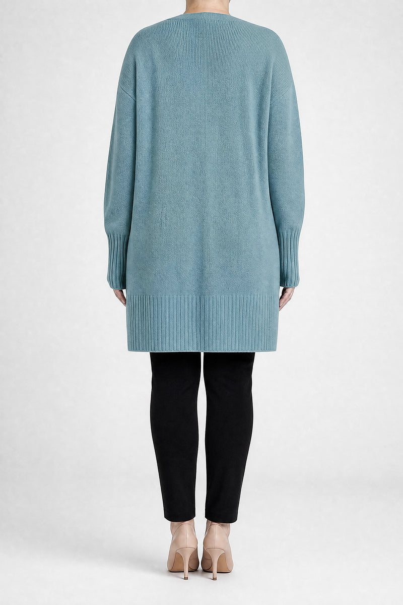 Sofaine Linnea women's ribbed knit cardigan in Light Blue, back view studio shot