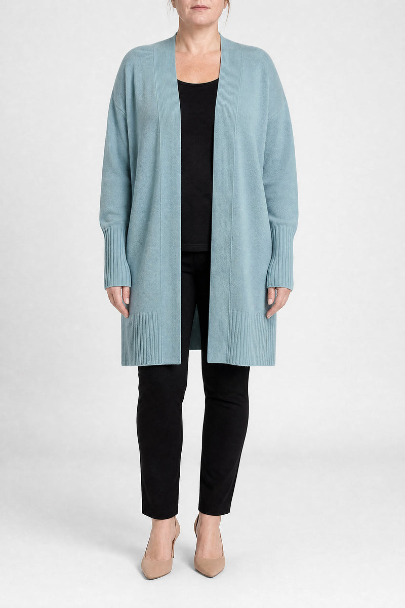 Sofaine Linnea women's ribbed knit cardigan in Light Blue, front view studio shot