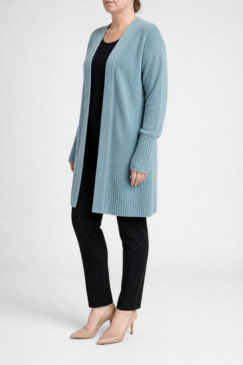 Sofaine Linnea women's ribbed knit cardigan in Light Blue, side view studio shot