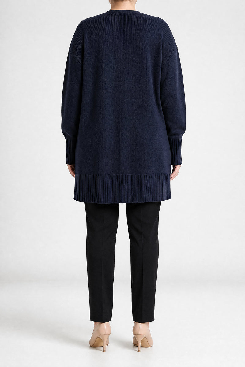 Sofaine Linnea women's ribbed knit cardigan in Navy, back view studio shot