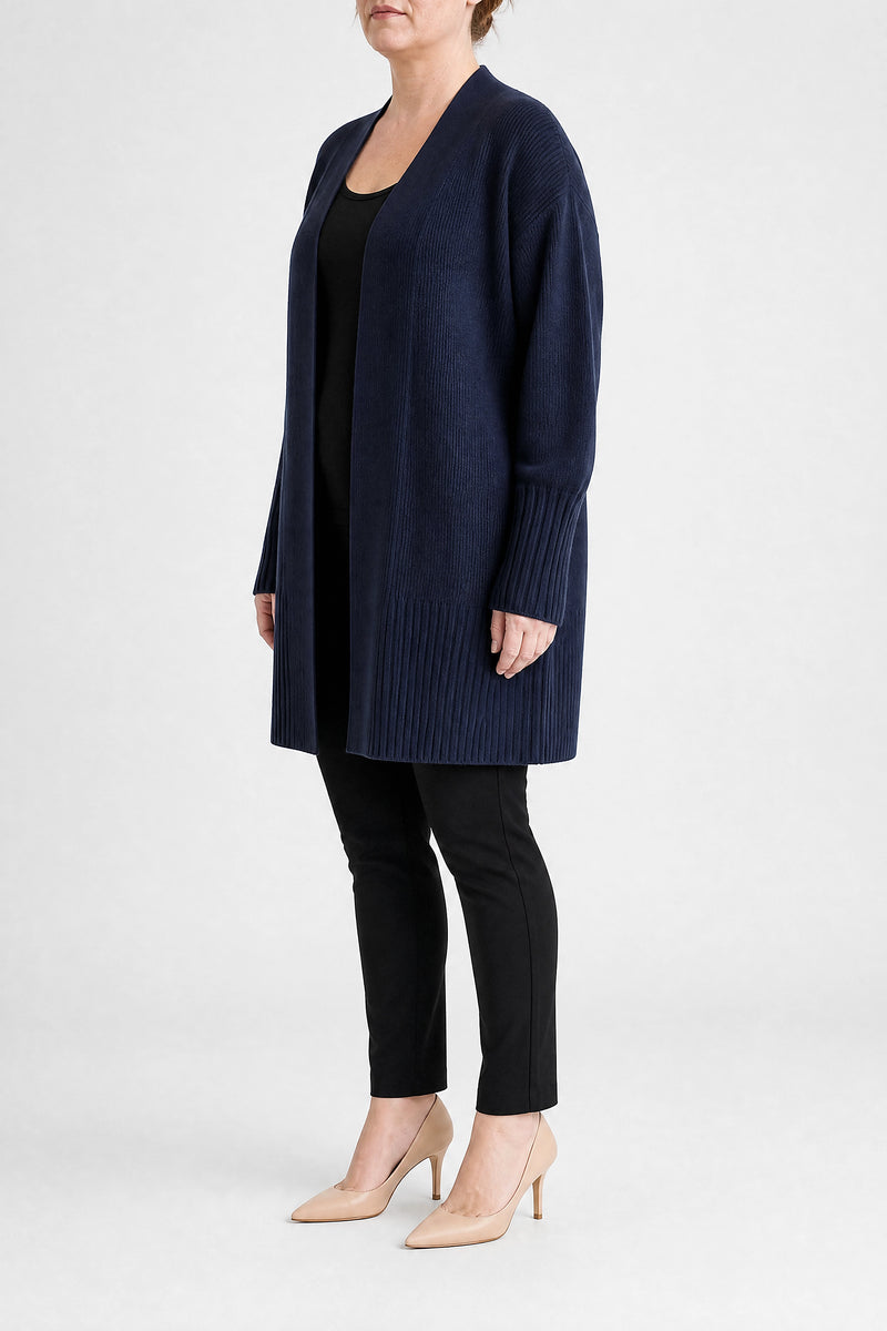 Sofaine Linnea women's ribbed knit cardigan in Navy, side view studio shot