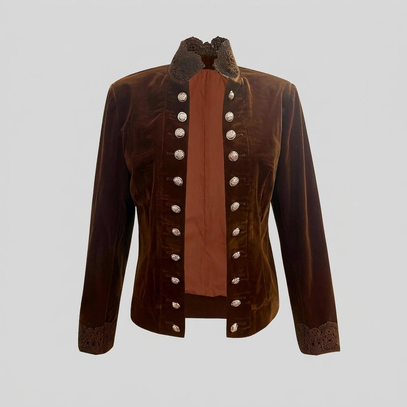 Velvet Military Jacket for Women with Lace Trim and Double Button Rows in Dark Brown, flat front view