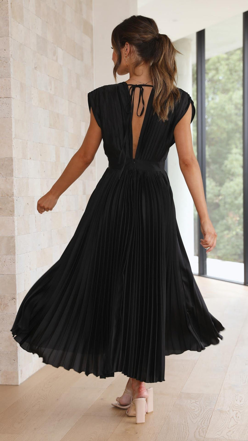Pleated Satin Midi Dress for Women with Deep V Neck and Tie Back in Black, back view