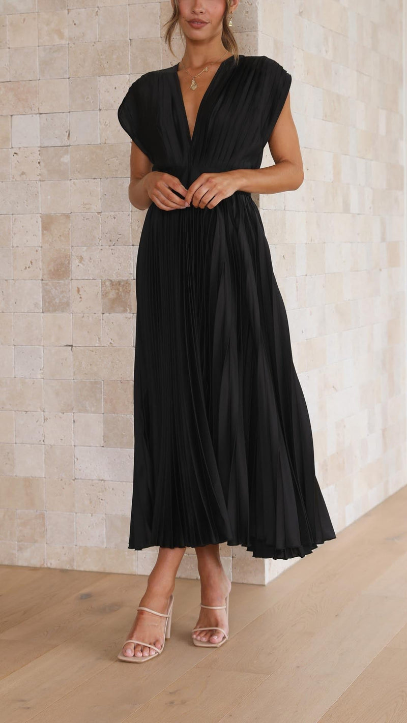 Pleated Satin Midi Dress for Women with Deep V Neck and Tie Back in Black, front view