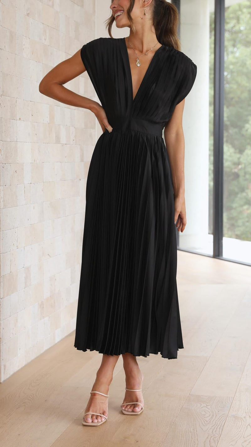 Pleated Satin Midi Dress for Women with Deep V Neck and Tie Back in Black, front view 2