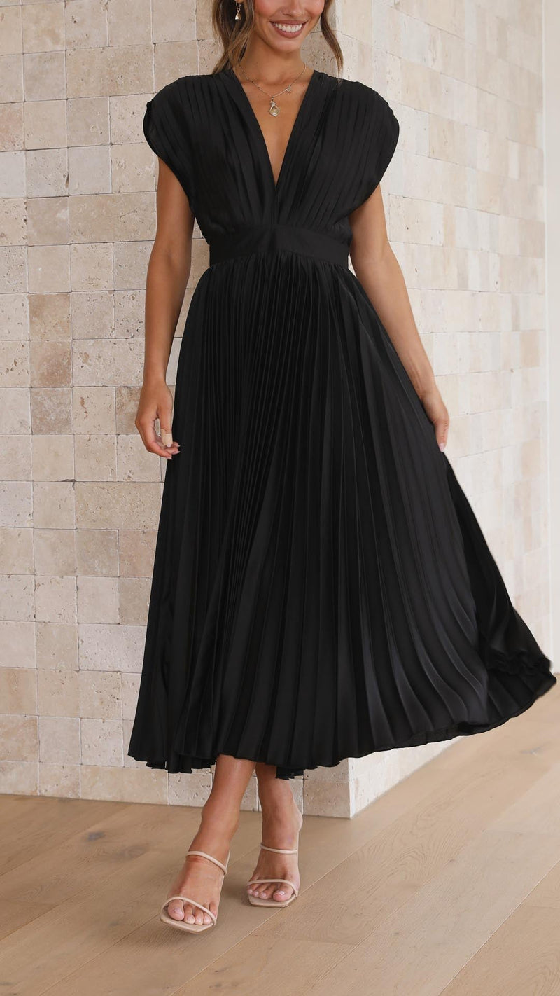 Pleated Satin Midi Dress for Women with Deep V Neck and Tie Back in Black, front view 3