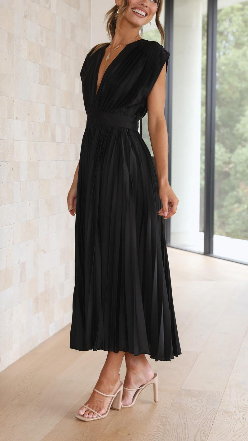 Pleated Satin Midi Dress for Women with Deep V Neck and Tie Back in Black, side view