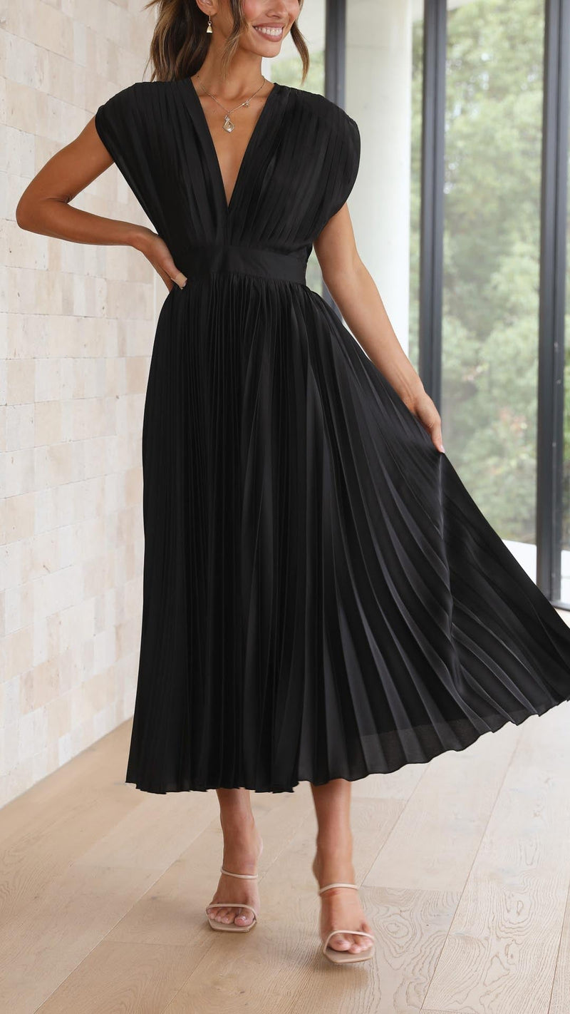 Pleated Satin Midi Dress for Women with Deep V Neck and Tie Back in Black, styled view