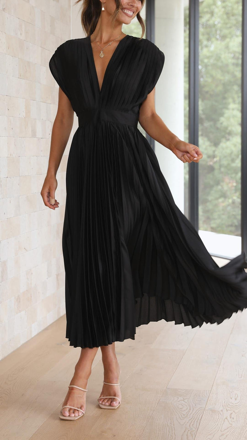 Pleated Satin Midi Dress for Women with Deep V Neck and Tie Back in Black, styled view 2