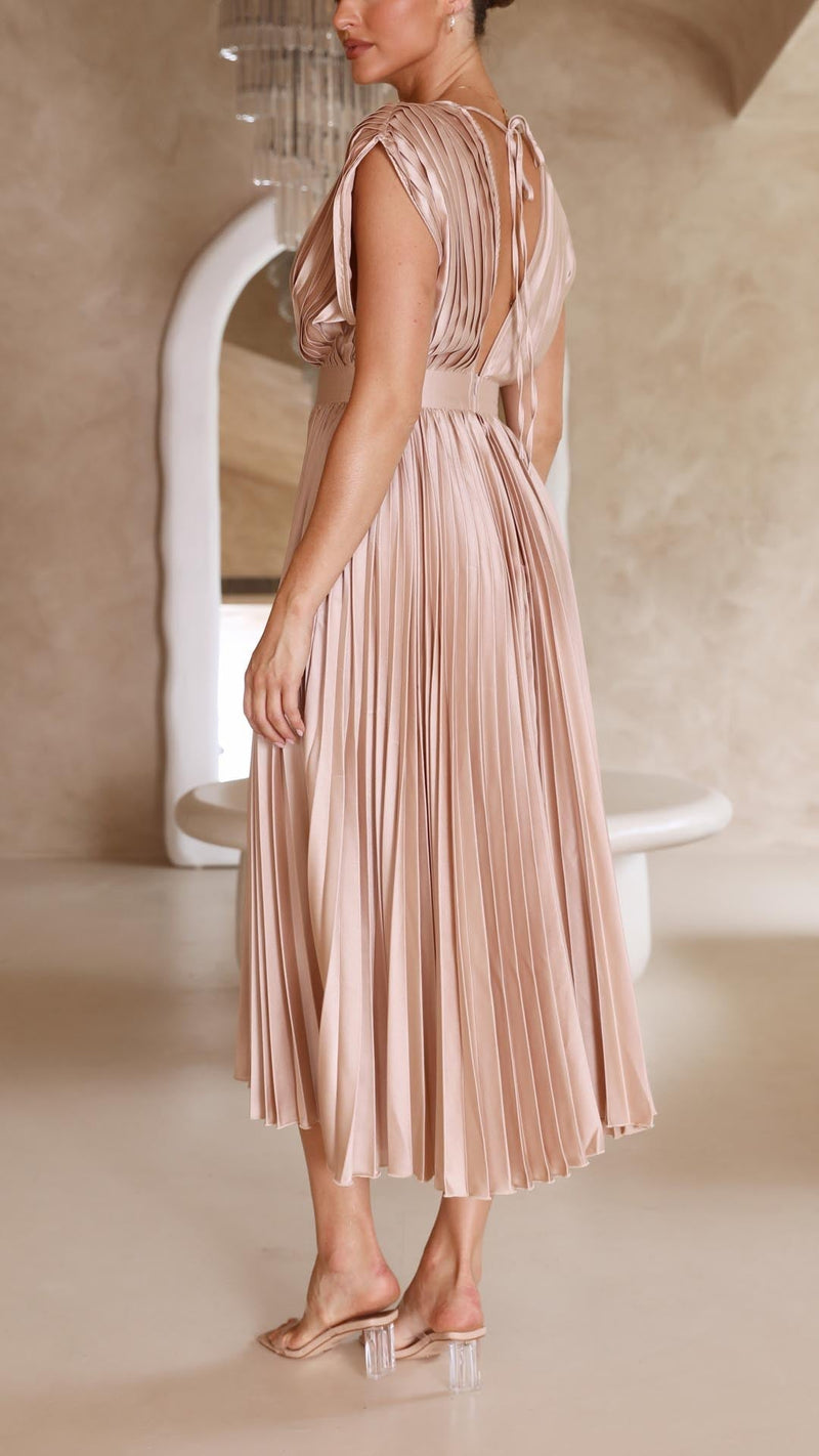 Pleated Satin Midi Dress for Women with Deep V Neck and Tie Back in Champagne, back view