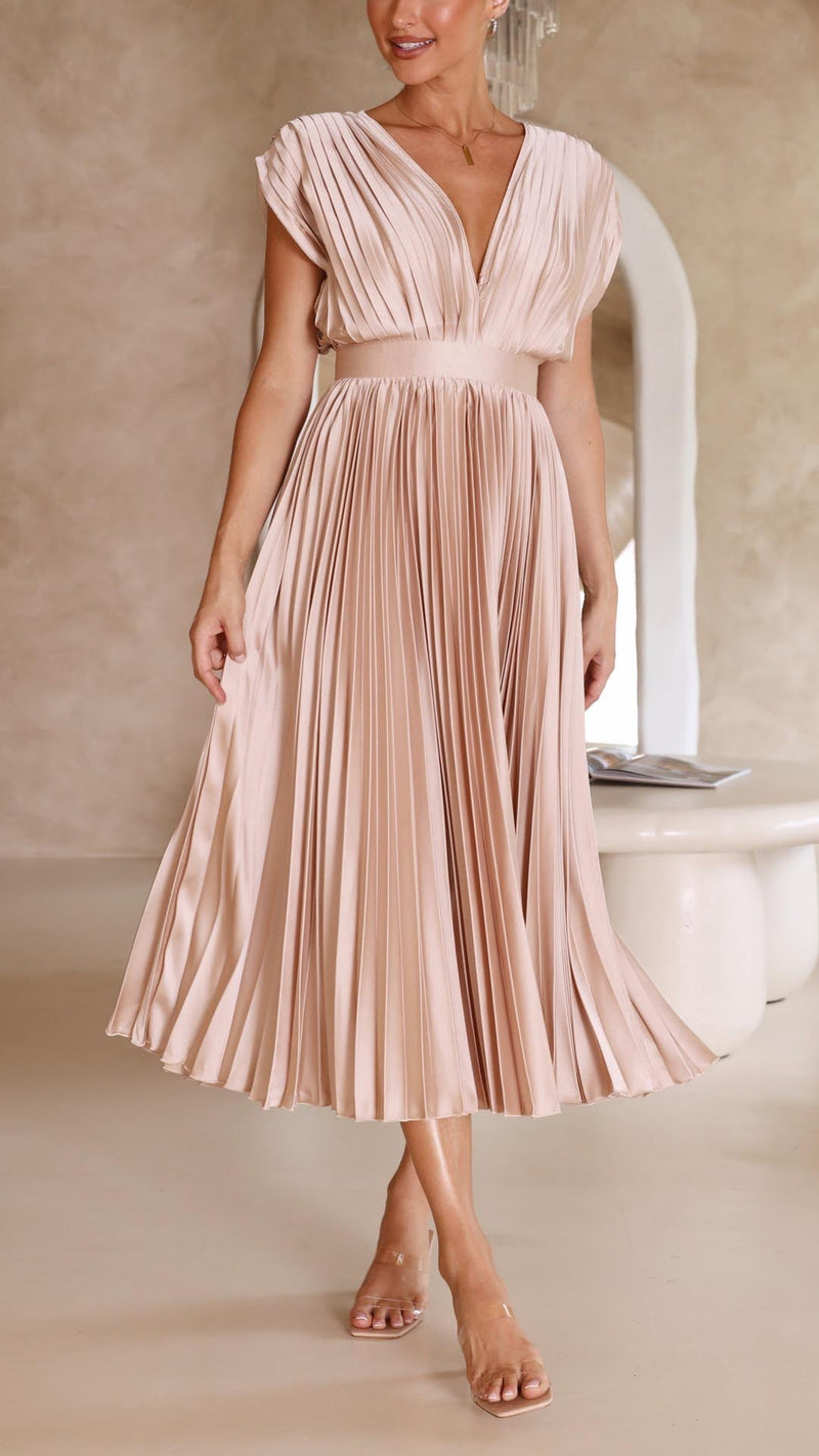 Pleated Satin Midi Dress for Women with Deep V Neck and Tie Back in Champagne, front view