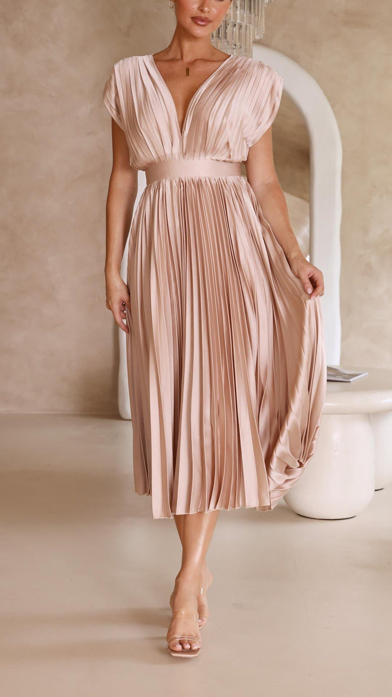 Pleated Satin Midi Dress for Women with Deep V Neck and Tie Back in Champagne, front view 2