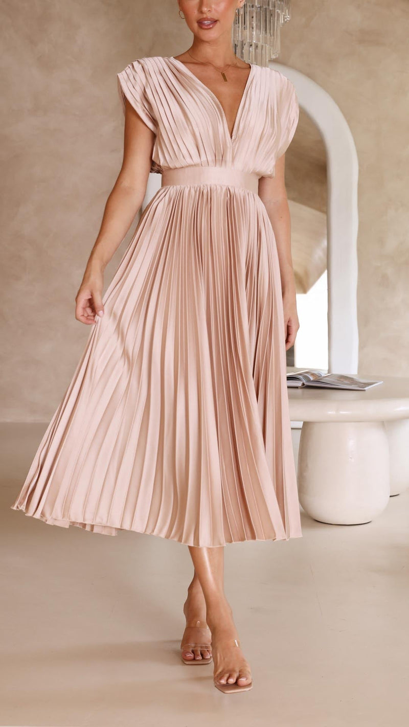 Pleated Satin Midi Dress for Women with Deep V Neck and Tie Back in Champagne, front view 3
