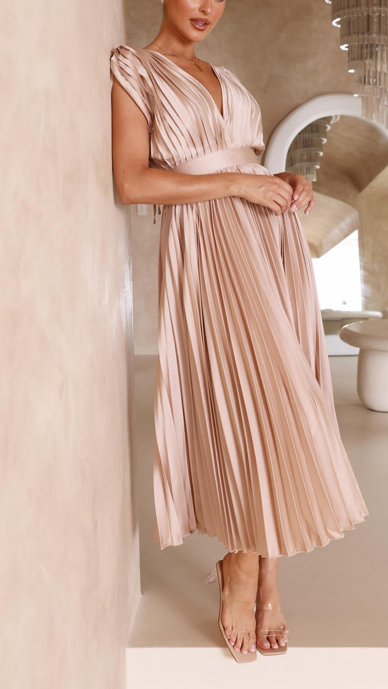 Pleated Satin Midi Dress for Women with Deep V Neck and Tie Back in Champagne, side view