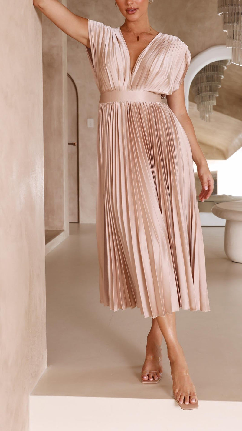 Pleated Satin Midi Dress for Women with Deep V Neck and Tie Back in Champagne, styled view