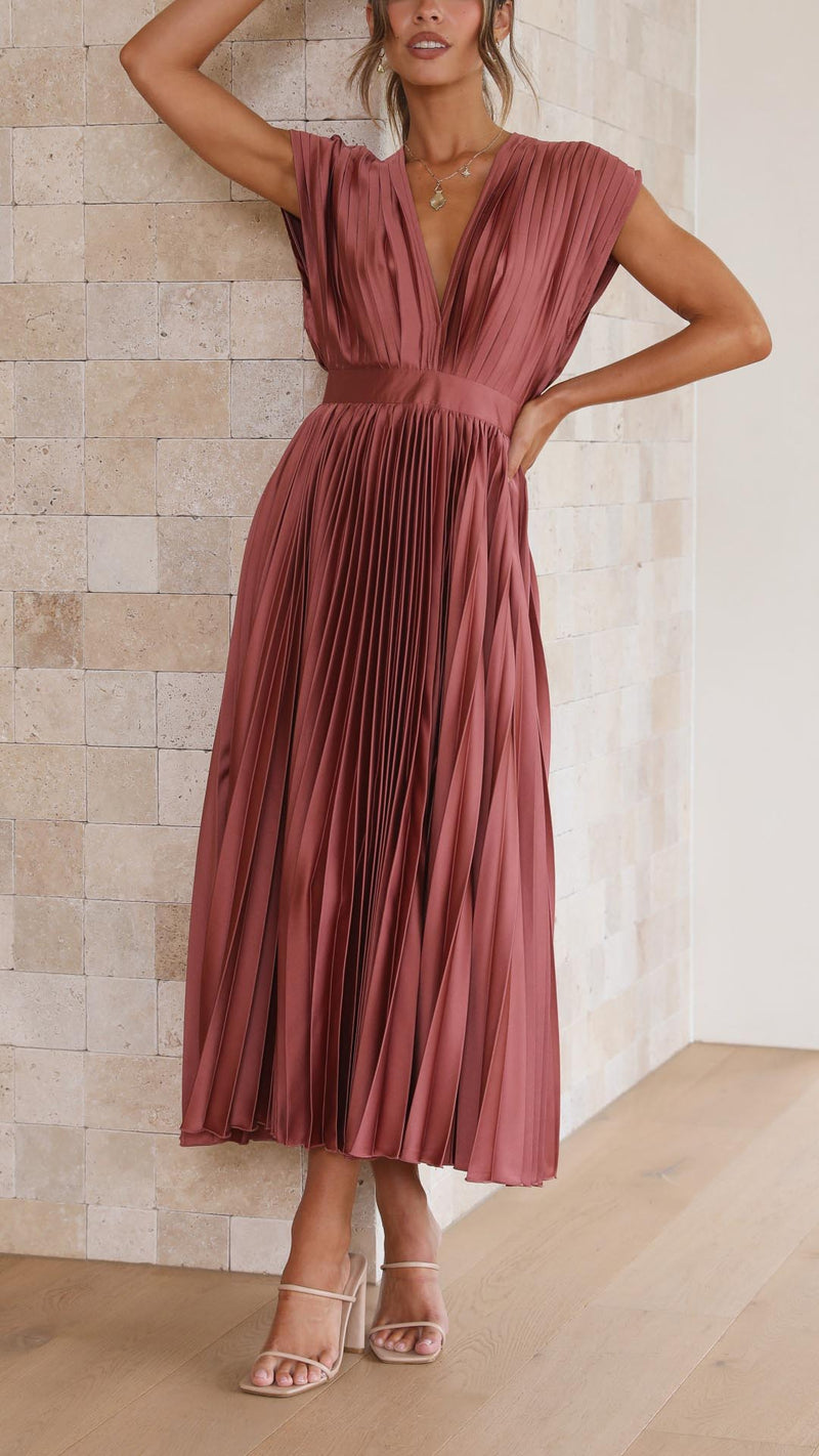 Pleated Satin Midi Dress for Women with Deep V Neck and Tie Back in Dusty Rose, front view 2