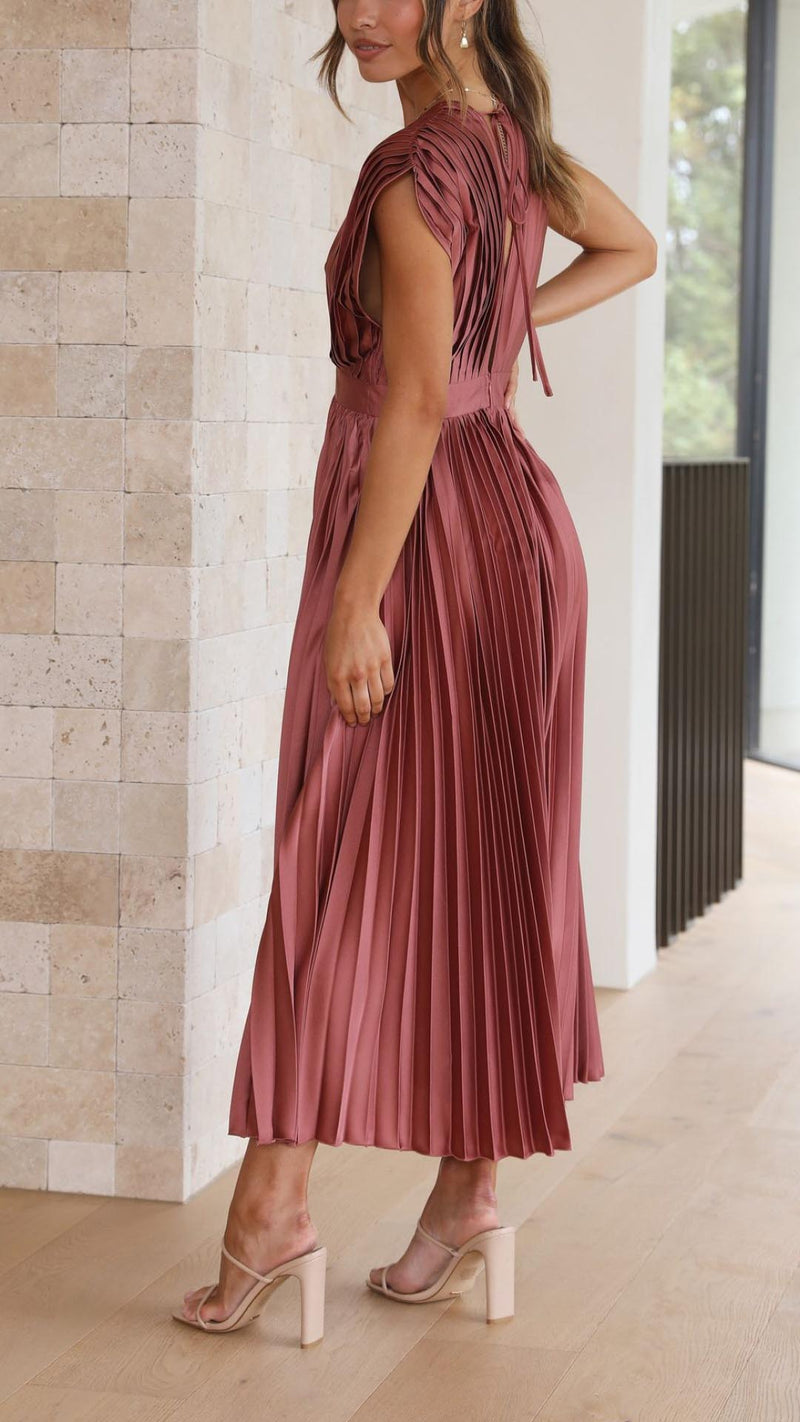 Pleated Satin Midi Dress for Women with Deep V Neck and Tie Back in Dusty Rose, side view