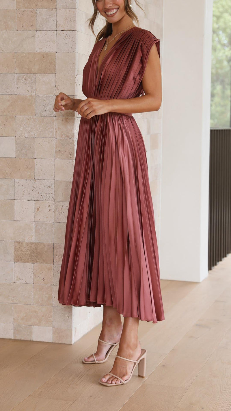 Pleated Satin Midi Dress for Women with Deep V Neck and Tie Back in Dusty Rose, side view 2