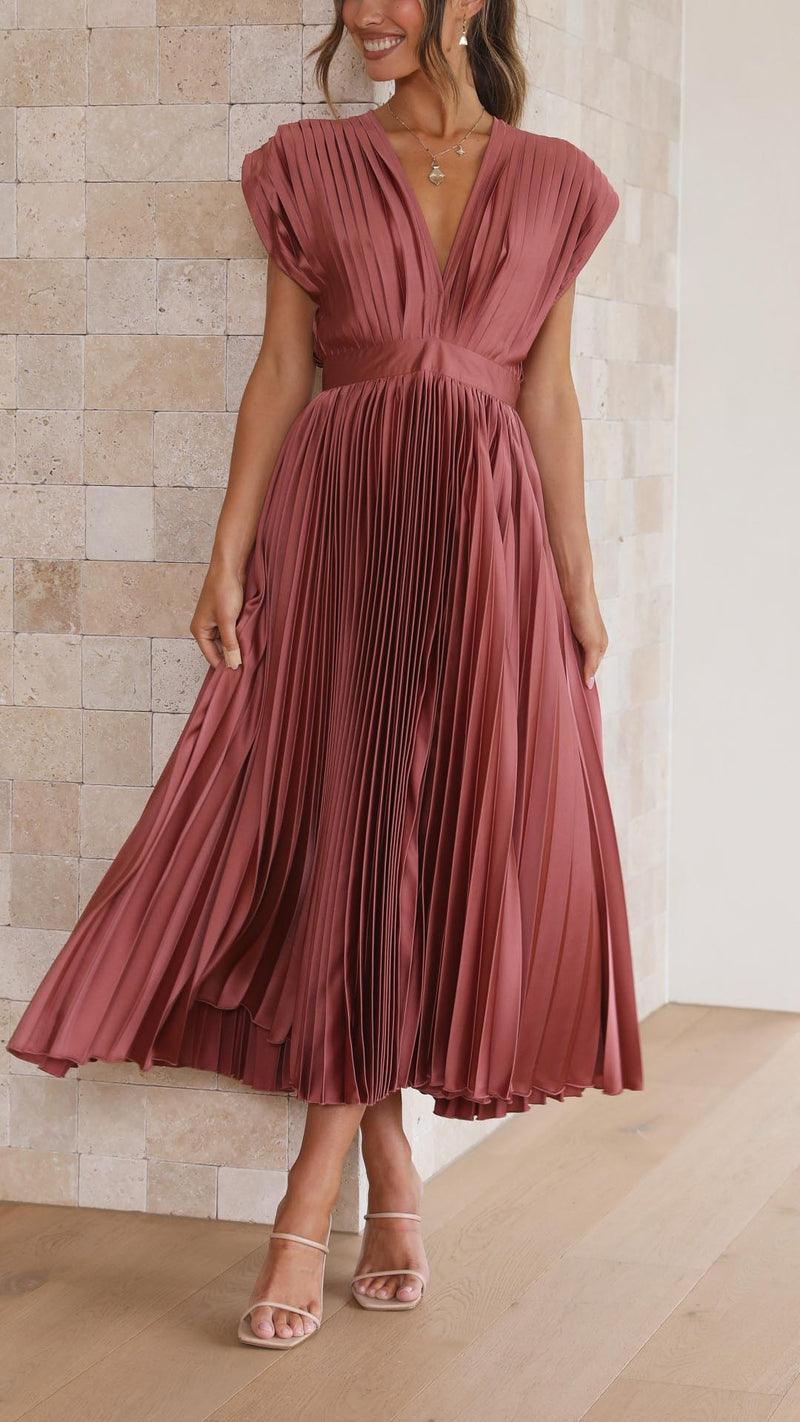 Pleated Satin Midi Dress for Women with Deep V Neck and Tie Back in Dusty Rose, styled view