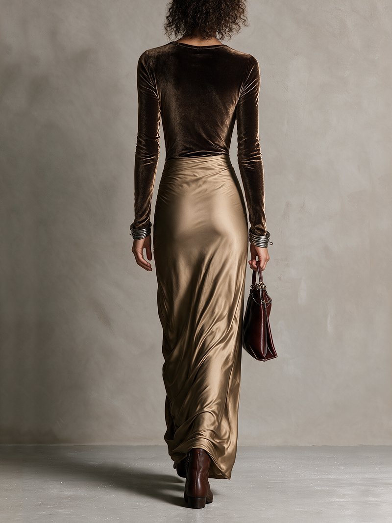 Velvet and Satin Maxi Dress for Women with Long Sleeves and High Slit in Brown, back view