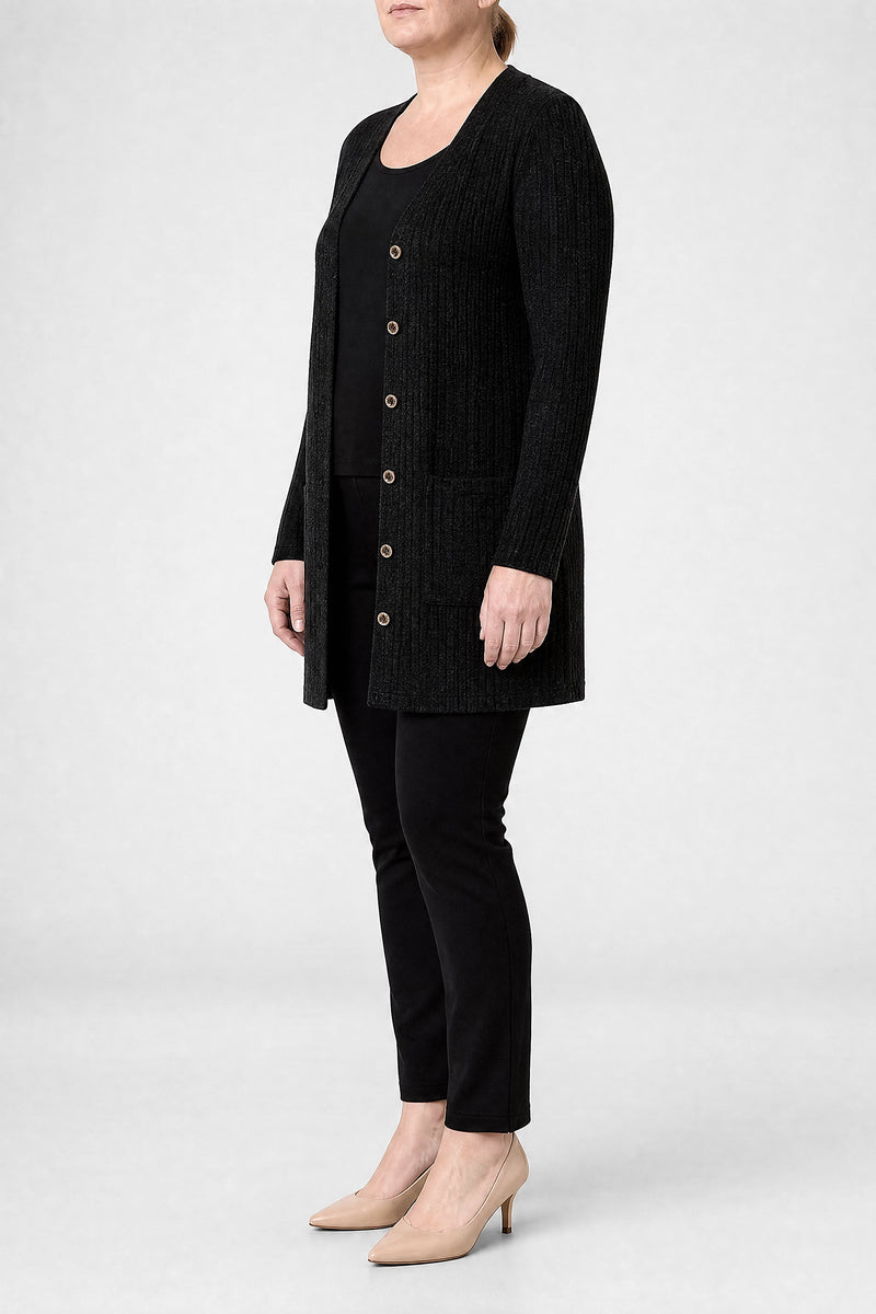 Livia | Lang Cardigan med Knapper i Sort, fra siden
