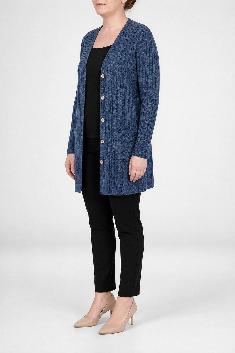 Livia | Lang Cardigan med Knapper i Blå, fra siden
