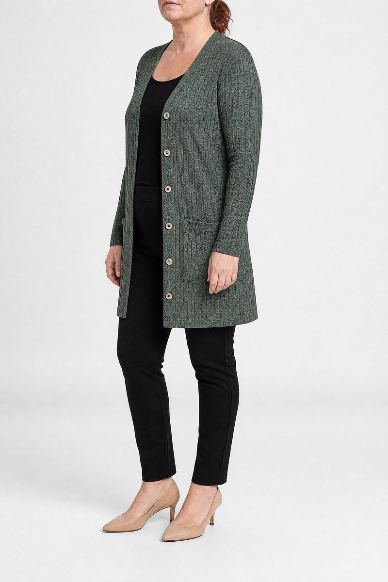 Livia | Lang Cardigan med Knapper i Grøn, fra siden