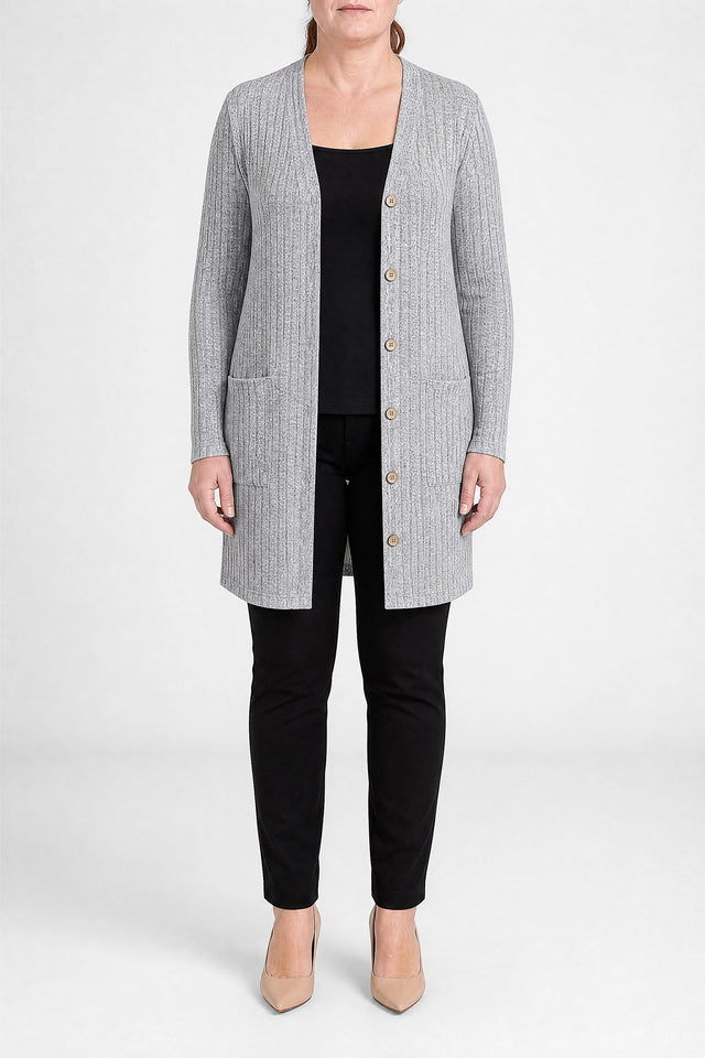 Livia | Lang Cardigan med Knapper i Grå, forfra