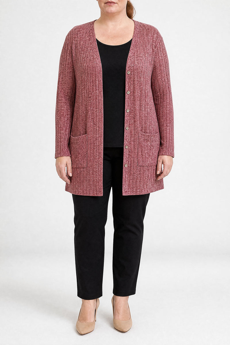 Livia | Lang Cardigan med Knapper i Rød, forfra