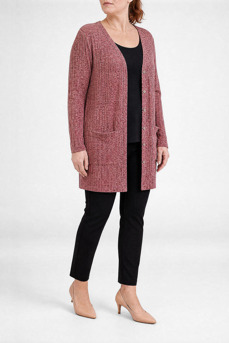 Livia | Lang Cardigan med Knapper i Rød, fra siden
