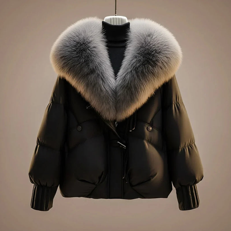 Short Puffer Jacket for Women with Oversized Faux Fur Collar in Black, front view
