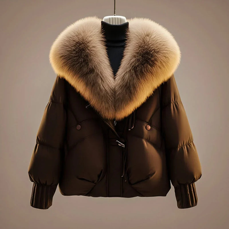 Short Puffer Jacket for Women with Oversized Faux Fur Collar in Coffee Brown, front view