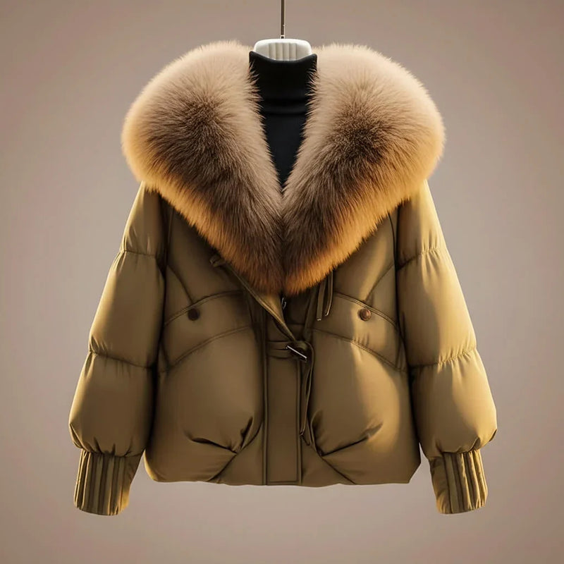 Short Puffer Jacket for Women with Oversized Faux Fur Collar in Khaki, front view