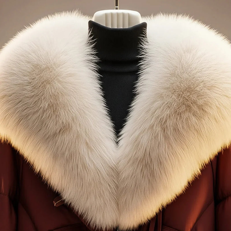 Short Puffer Jacket for Women with Oversized Faux Fur Collar in Red Brown, collar detail