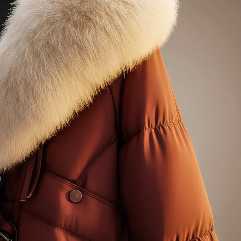 Short Puffer Jacket for Women with Oversized Faux Fur Collar in Red Brown, pocket detail