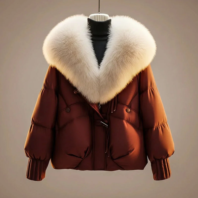 Short Puffer Jacket for Women with Oversized Faux Fur Collar in Red Brown, studio front view